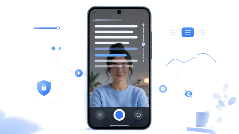 Teleflow script editor and teleprompter playback shown across mobile devices.